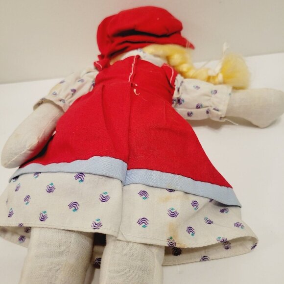 Vtg Rag Doll With Red Dress Hat Patterned Shirt Blonde Braided Hair Red Shoes - Picture 8 of 8